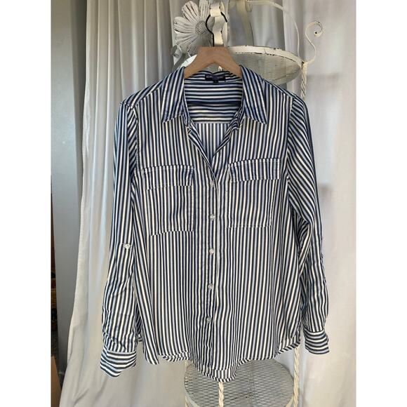 Velvet Heart Shirt Button Down Blue and White Stripe Roll Tab Sleeves Tencel Lg - Picture 4 of 10